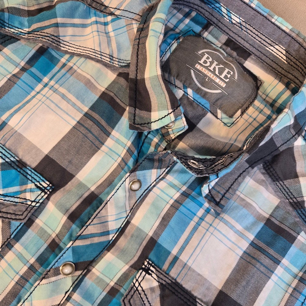 BKE Shirt Mens Large Blue White Plaid‎ Western Pearl Snap Long Sleeve Standard